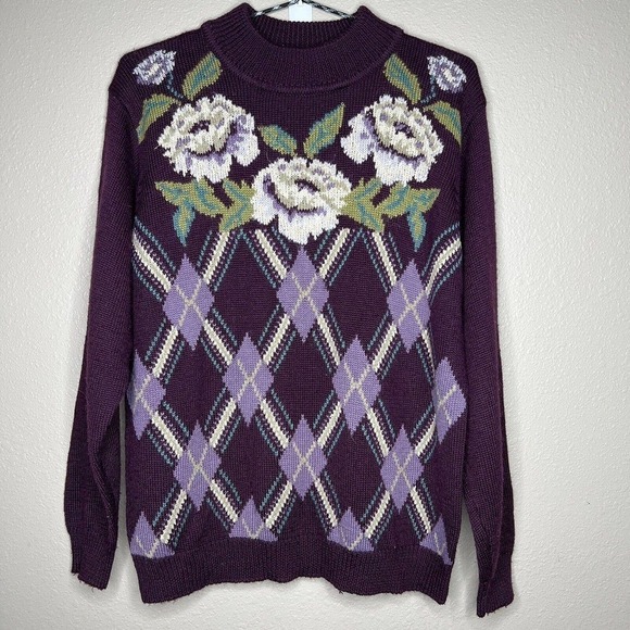 Alfred Dunner Purple Retro Floral Argyle Granny Wool Blend Knit Pullover Sweater - Picture 9 of 9